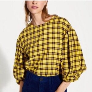 Zara Basic Yellow Black Plaid Top Blouse Small 3/4 Sleeve